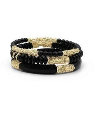 Bowood Lane Black Beads Gold Plated Textured Bead Bracelet Stack