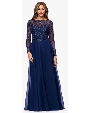 Xscape Long-sleeve Boat Neck Gown - Blue