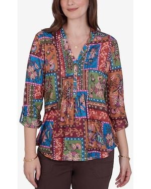 Ruby Rd. Petite Tapestry Top 3/4-sleeve Floral-print Button-front Blouse - Red