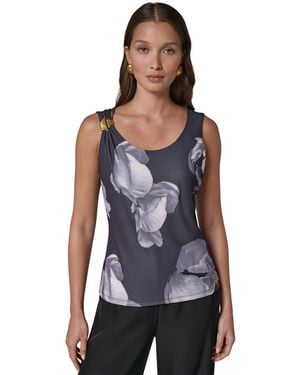 Donna Karan Floral Hardware Strap Scoop Neck Sleeveless Blouse - Blue