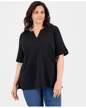 Style & Co. Plus Size Roll-tab Elbow-sleeve T-shirt - Black