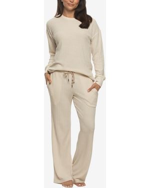 Felina Regular Serena Crew Neck Pullover Brushed Rib Lounge Set - Natural