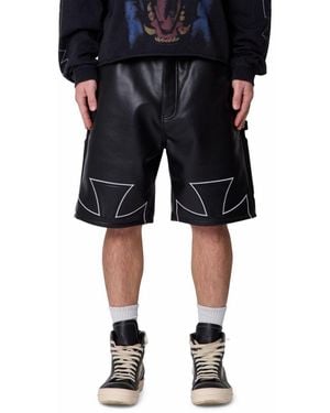 MNML Ultra Baggy Iron Cross Leather Shorts - Black