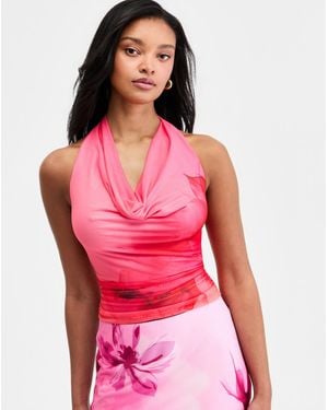 BarIII Floral-print Mesh Cowl-neck Halter Top - Pink