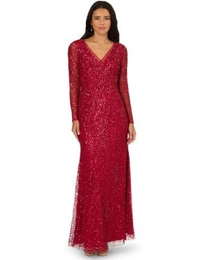 Adrianna Papell Long-sleeve Beaded Full-length Gown - Red