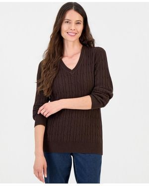 Style & Co. Cotton Cable-knit V-neck Sweater - Black