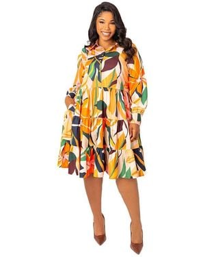 Buxom Couture Plus Size Floral Long Sleeve Tiered Shirt Dress