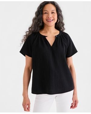 Style & Co. Petite Solid Gauge Flutter Short-sleeve Cotton Top - Black