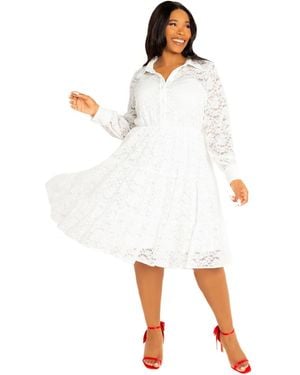 Buxom Couture Plus Size Lace Long Sleeve Tiered Shirt Dress - White