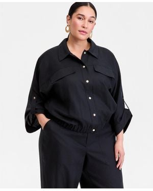 INC International Concepts Plus Size Roll-tab-sleeve Snap-front Shirt Jacket - Black