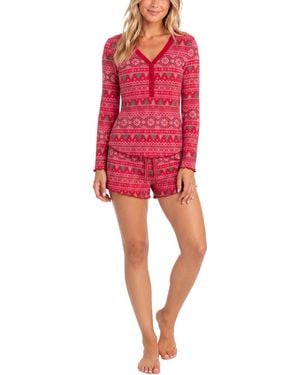 Roudelain Wonderluxe Long-sleeve V-neck Top And Shorts - Red