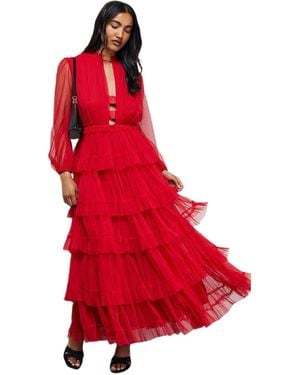 Warehouse Tulle Floral Plunge Neck Flutter Sleeve Tier Maxi Dress in Blue |  Lyst