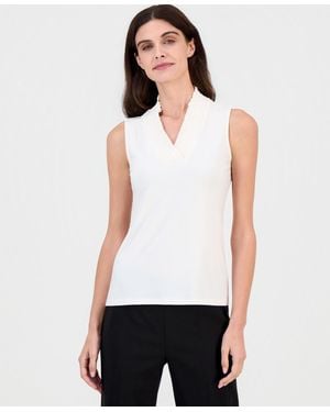 Anne Klein Sleeveless Smocked V-neck Top - White