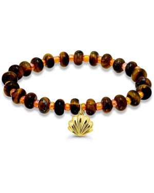 Macy's Tigers Eye Rondelle Beads And Clamshell Drop Charm Beaded Gold Plated Stretch Bracelet - Brown