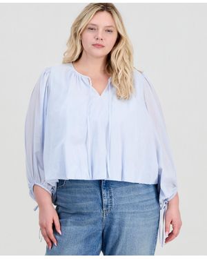 On 34th Cotton Solid Tie-front Volume-sleeve Blouse - White