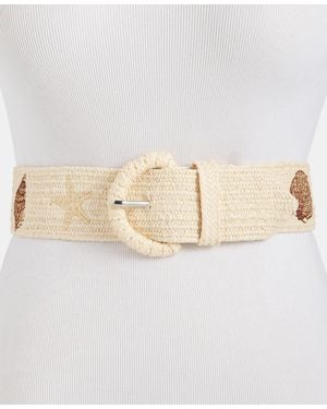On 34th Embroidered-shell Straw Stretch Belt - Natural