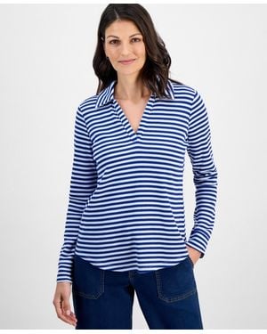 Style & Co. Striped Waffle-knit Collared Top - Blue