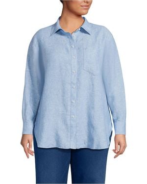 Lands' End Plus Size Linen Oversized Button Front Shirt - Blue