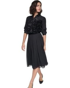 KARL LAGERFELD Mixed Media Sequin Long Sleeve Collared Blouse Pleated High Waisted Midi Skirt - Black