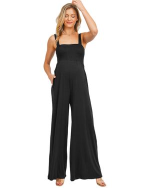 Hello Miss Maternity Sleeveless Smocked Bodice Wide-leg Jumpsuit - Black