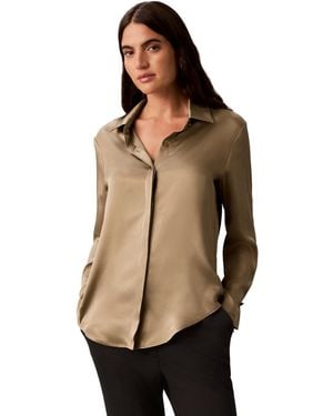 Calvin Klein Petite Pleated Long-sleeve Button-front Collared Shirt - Natural