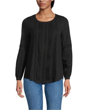 Lands' End Petite Lightweight Jersey Lace Mix Long Sleeve Pintuck Top - Black