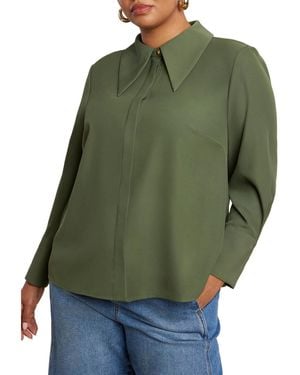 Eloquii Plus Size Pointed Collar Button Up Shirt - Green