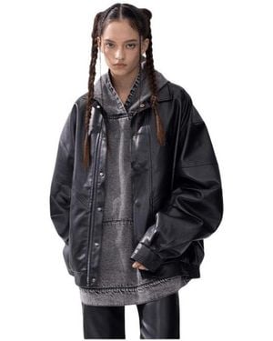 AELFRIC EDEN Zip Up Ruched Leather Jacket - Black