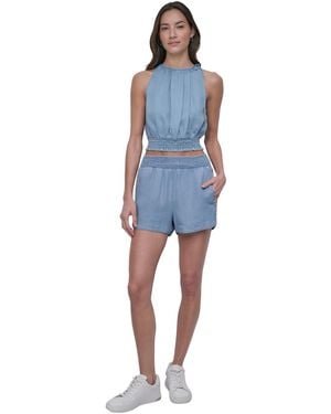 DKNY Chambray High Rise Dolphin-hem Shorts - Blue