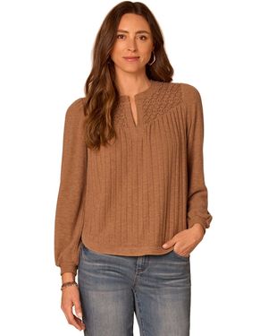 Democracy Petite Mandarin-collar Blouson-sleeve Blouse - Brown
