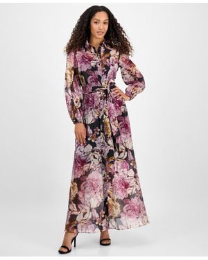 Julia Jordan Printed Button-front Organza Maxi Dress - Red