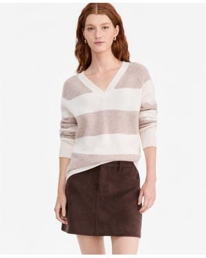 Charter Club 100% Cashmere Striped V-neck Sweater - White
