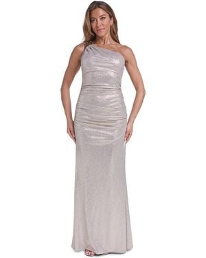 Eliza J One-shoulder Midriff Rouched Metallic Gown - Purple