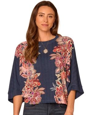Democracy Petite Floral 3/4-length Dolman Scoop-neck Blouse - Blue