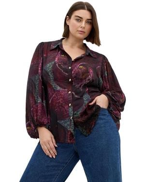 City Chic Plus Size Piper Floral-print Long-sleeve Collared Blouse - Blue