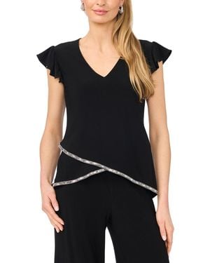 Msk Petite Flutter-sleeve V-neck Top - Black