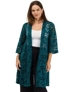 24seven Comfort Apparel Lace Floral-print 3/4-sleeve Jacket - Green