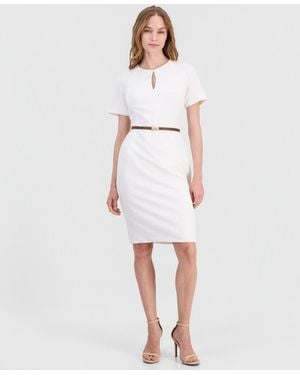 Anne Klein Belted Scuba Crepe Sheath Dress - White