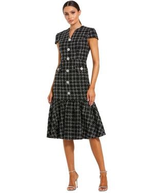 Mac Duggal Button Up Cap Sleeve Boucle A Line Midi Dress - Black