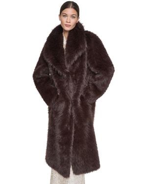Halston Collared Faux Fur Coat - Brown
