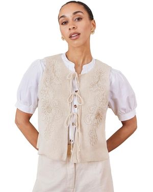Yumi' Embroidered Tie Front Waistcoat - White