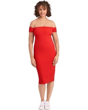 S3 Apparel Off The Shoulder Straight Neck Ribbed Sculpting Midi Dress - Red