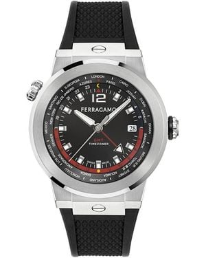 Ferragamo F-80 Gmt Worldtime Black Stainless Steel Bracelet Watch 43mm - Metallic