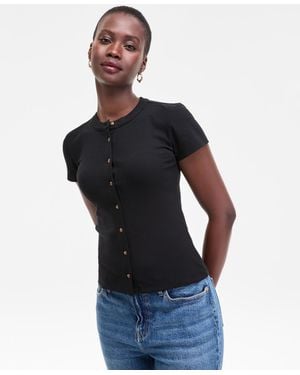 On 34th Rib-knit Short-sleeve Button Front Top - Black