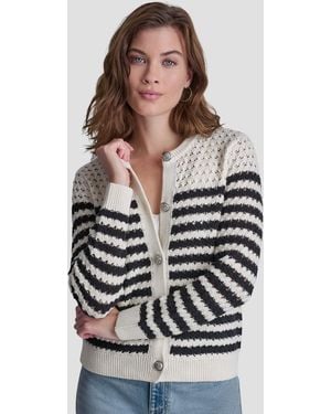 DKNY Petite Long-sleeve Stripe Pointelle Stitch Cardigan - White