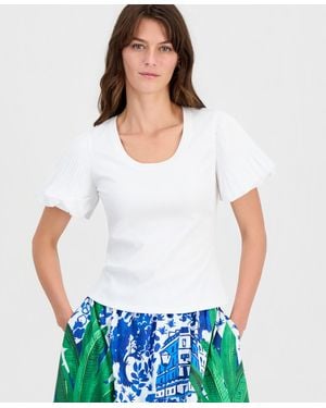 Tahari Scoop-neck Pleated-sleeve Top - White