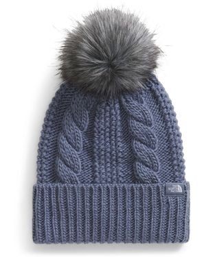 The North Face Oh Mega Fur Pom Beanie | Deep Fit Cuffed Winter Hat With Oversized Faux-fur Pom & Textured Cable Detailing - Blue