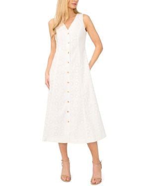 Cece V-neck Sleeveless Button-down Cotton Midi Dress - White