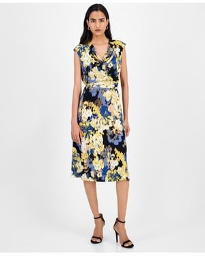 Kasper Printed Cowlneck Tie-waist Midi Dress - White