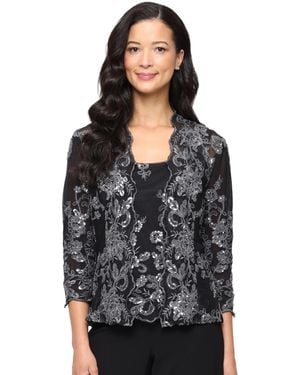 Alex Evenings Embroidered Tank And 3/4-sleeve Open Jacket Twinset - Black